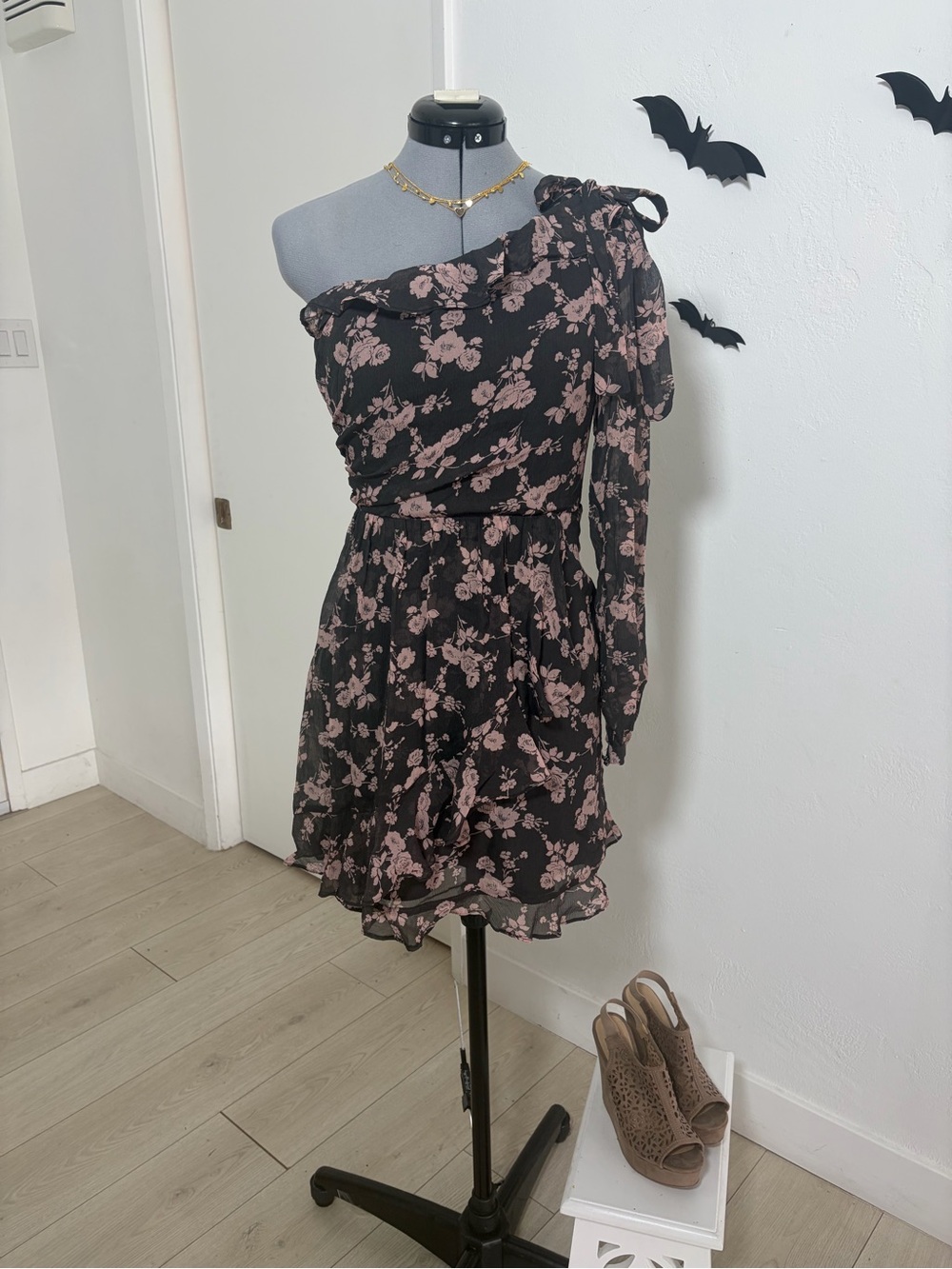 For Love & Lemons Silk Floral One Shoulder Ruffle Mini Dress Size S